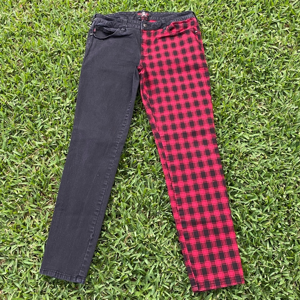Royal Bones red plaid and black half and half jeans. Size 13